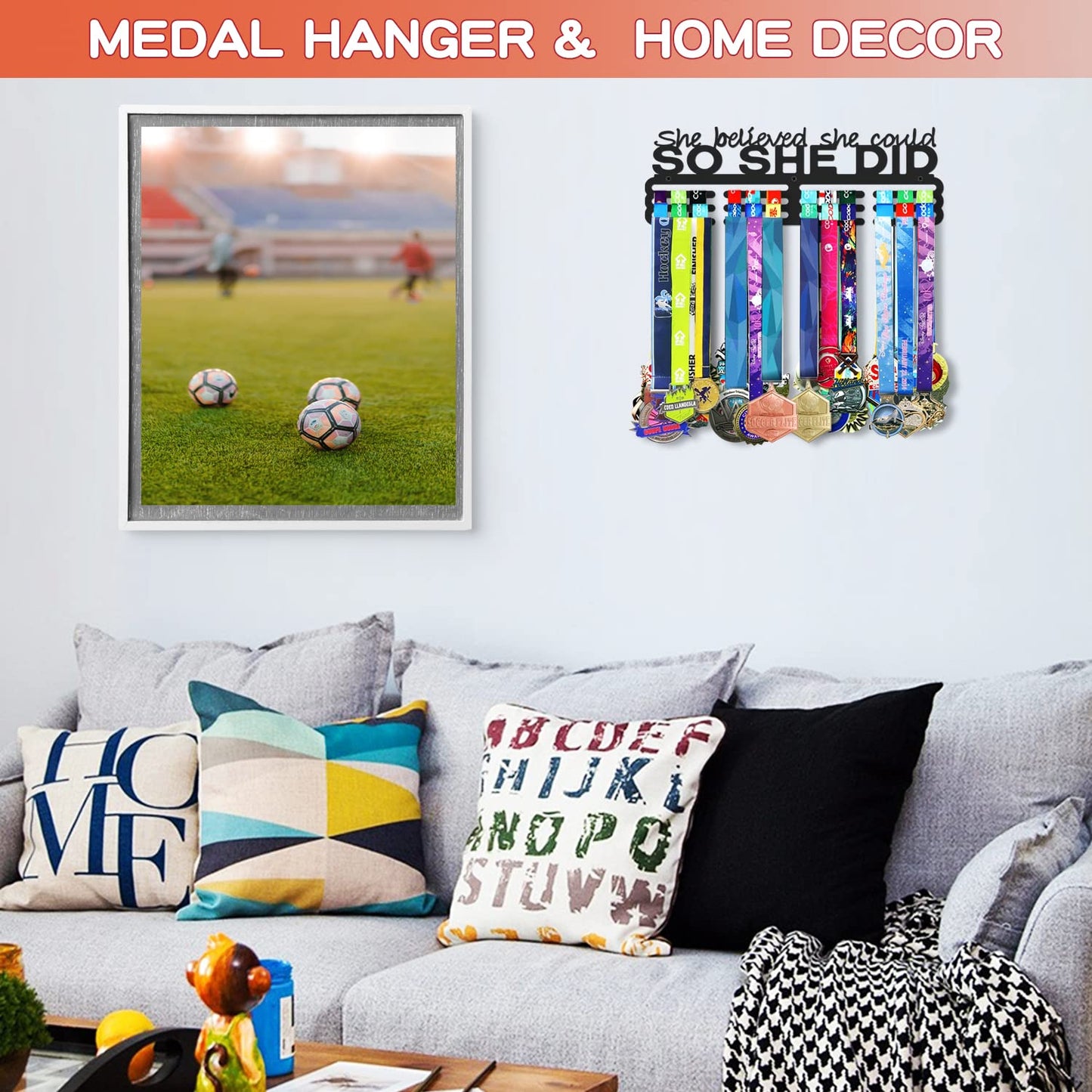 Bliocefo Medals Hanger Display Holder Rack 13.8 inches She Believed She Could Wall Mount Steel Frame Over 60 Medals-Sports Medal Hangers Racks Bib Ribbon with Easy Hanging Bars Black 3 Lines