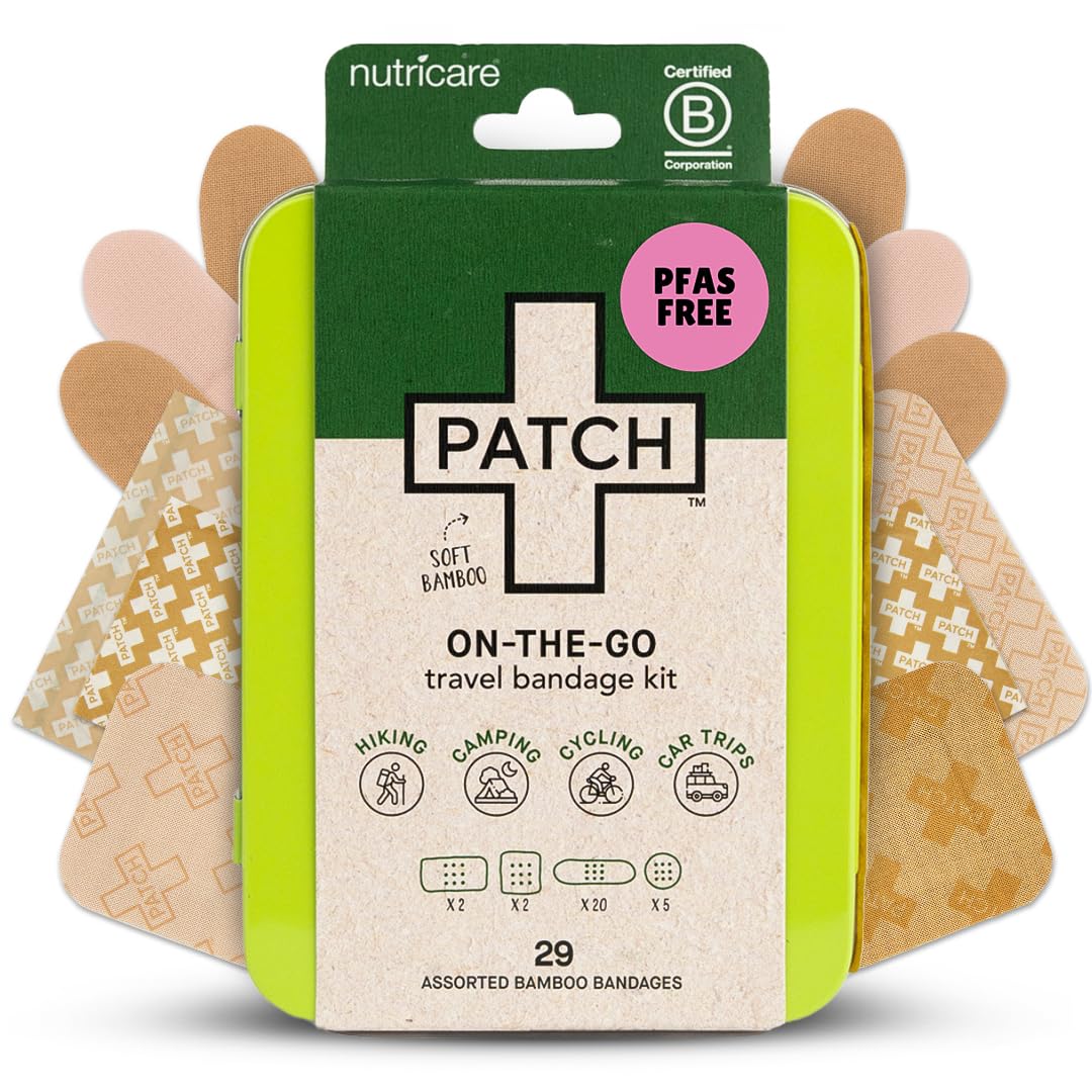PATCH On-The-Go Natural Bamboo Adhesive Bandage Travel Kit for Sensitive Skin, Eco-Friendly Hypoallergenic Bandages, 29 ct