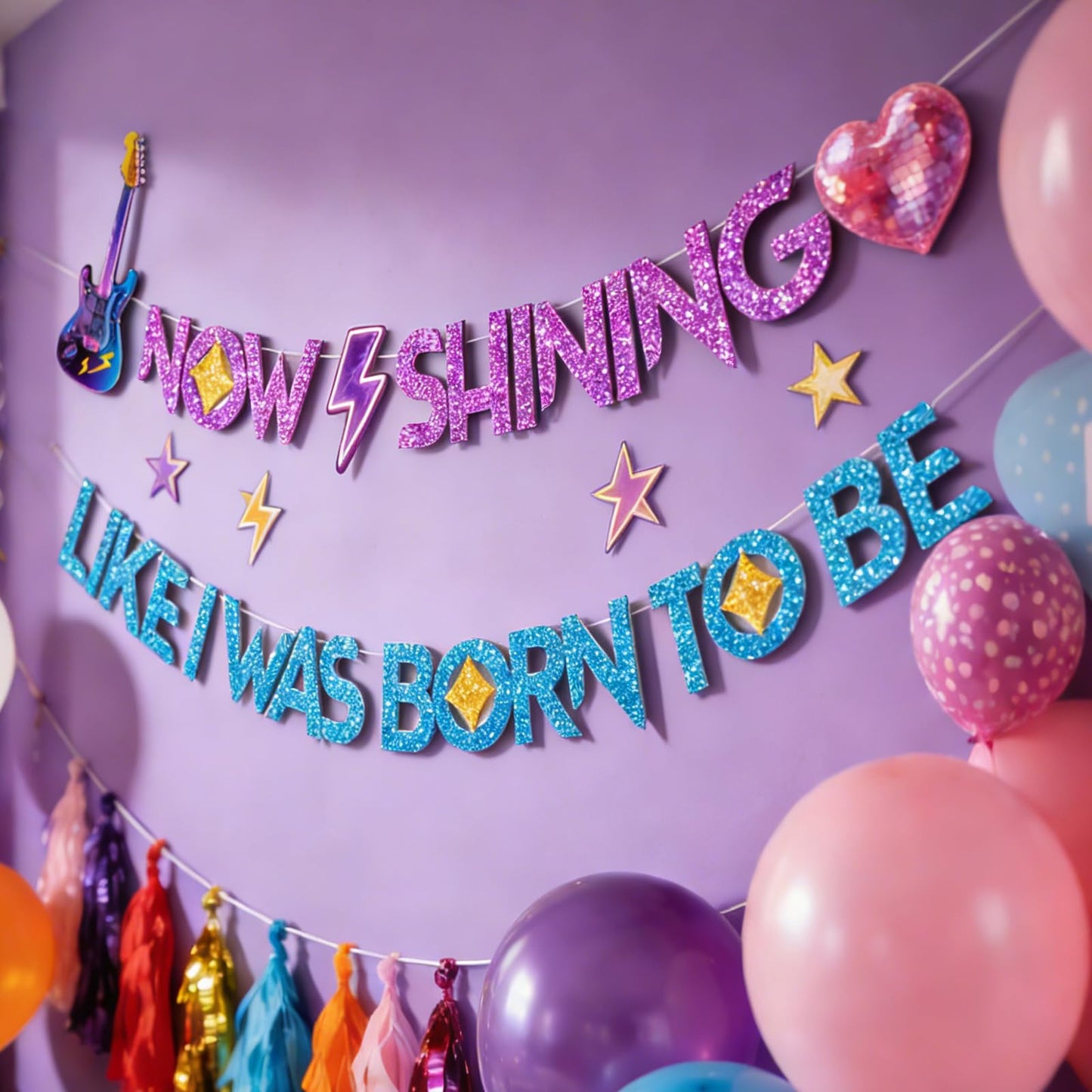 Hunters Birthday Decorations Banner - Now Shining Like I Was Born to Be Glitter Bunting, Kpop Demon Theme Party Decorations for Fans, Party Supplies with Ribbon & Needle
