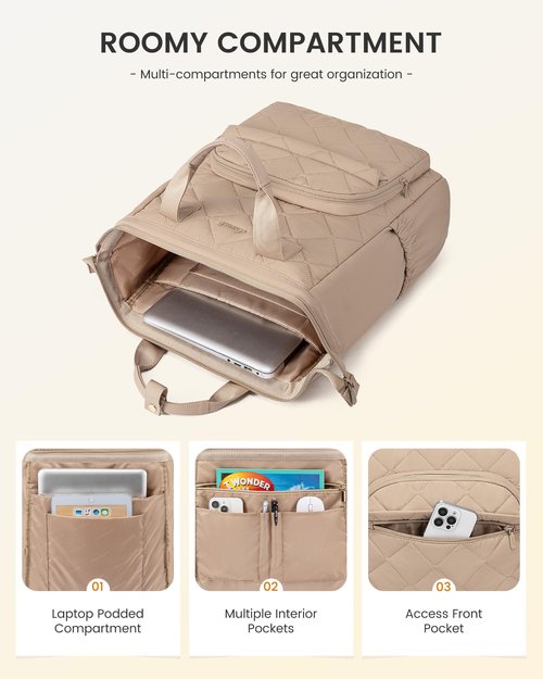 LOVEVOOK Laptop Backpack for Women, Puffer Quilted Computer Bag for Travel Work Business, Casual Daypack for Teacher Nurse,15.6 Inch, Khaki