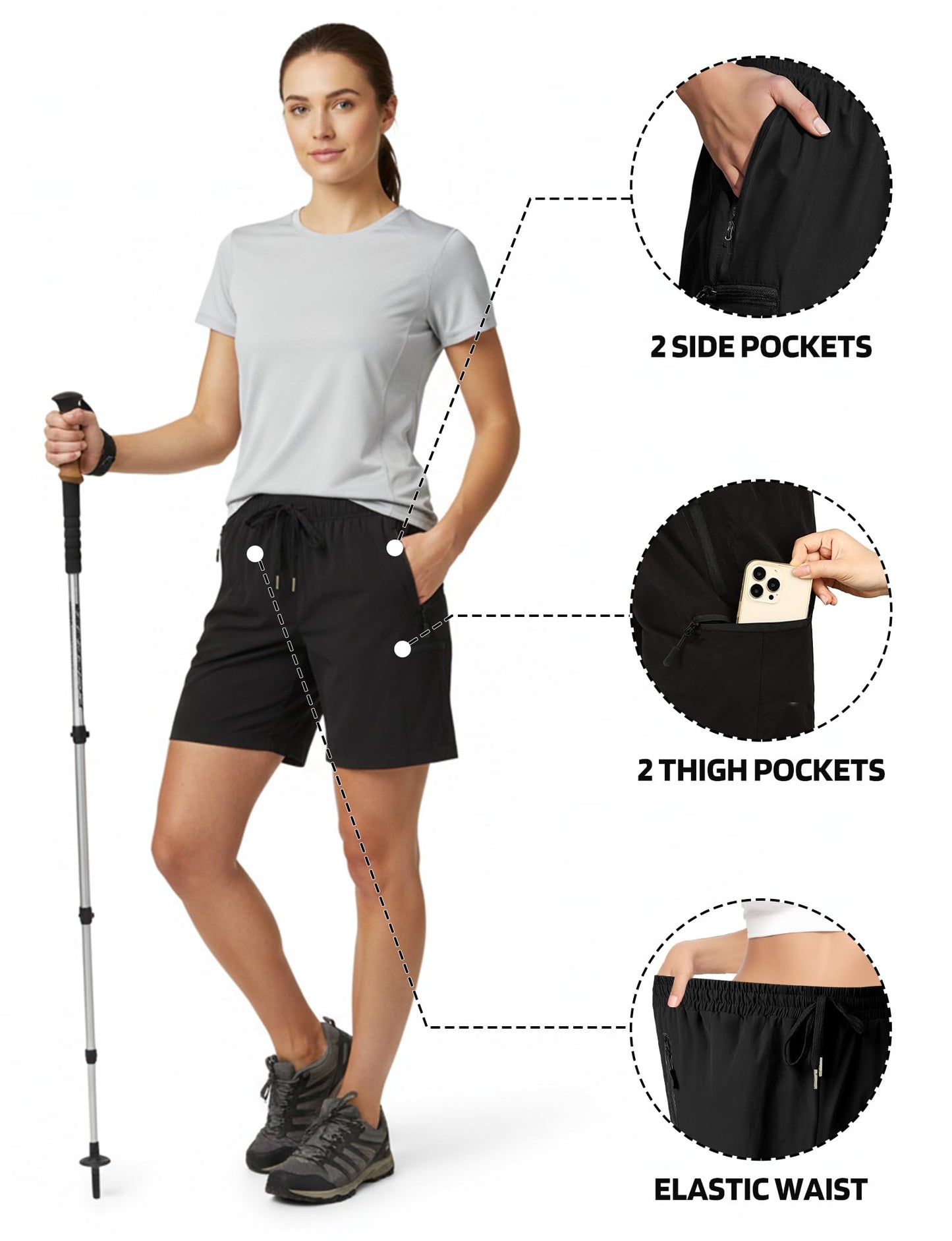 Enaisyl Women's Hiking Shorts Quick Dry Lightweight Cargo Pants Water Resistant Athletic Shorts with 4 Zipper Pockets Black