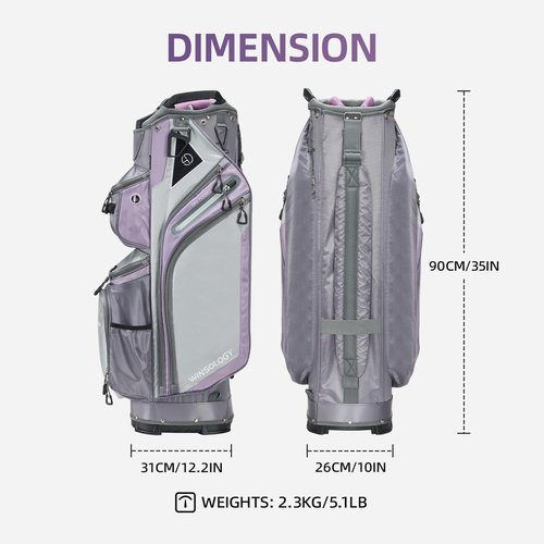 Max Lightweight Golf Cart Bag with Dual Handles and 14 Way Individual Full Length Dividers, Golf Club Bag with 11 Pockets, Large Putter Well, Double Strap Cooler for Men & Women (Mix/Grey/Purple)