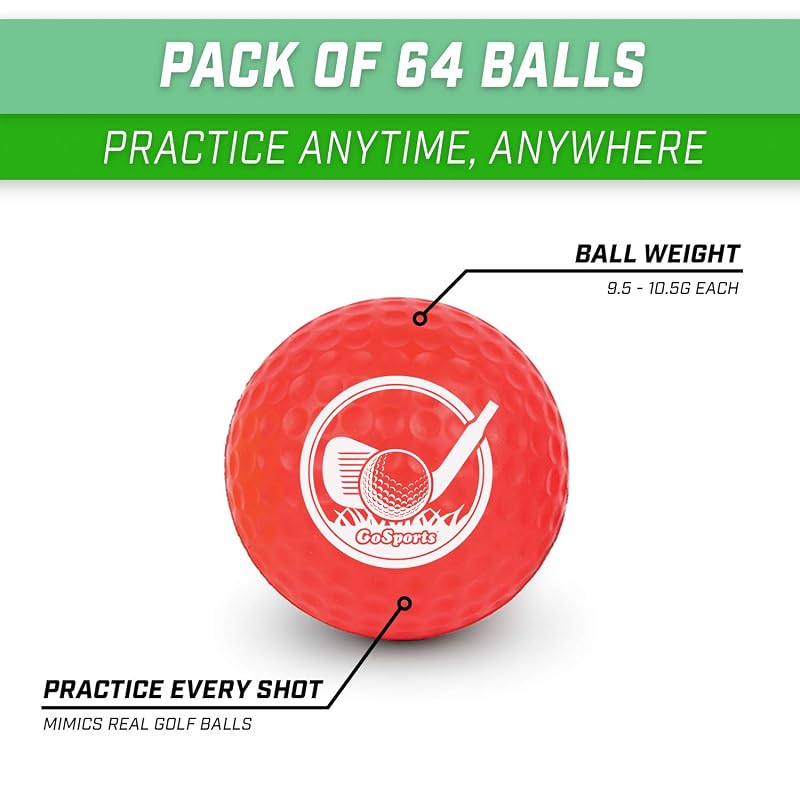 64 Pack GoSports Foam Golf Balls – Limited Flight Practice Balls with Tote