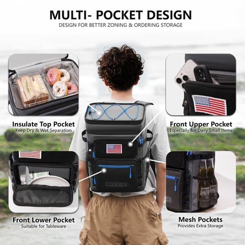 COOLREX COOLREX Large Backpack Cooler Black 36 Can Cooler Backpack with 2 Insulated Compartments Leak Proof Waterproof Travel Backpack, Camping Beach Picnic Lunch Thermal Bag for Women and Men