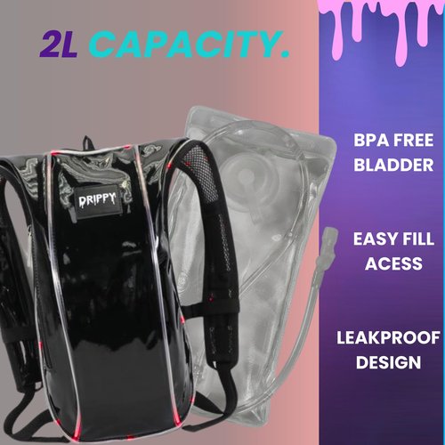 Black Hydropack Rave Hydration Backpack – LED Festival Water Backpack 2L for Women & Men – Leakproof Hydro Pack with Bladder – Anti-Theft Pockets - Rave Accessories - Music & EDM Festivals