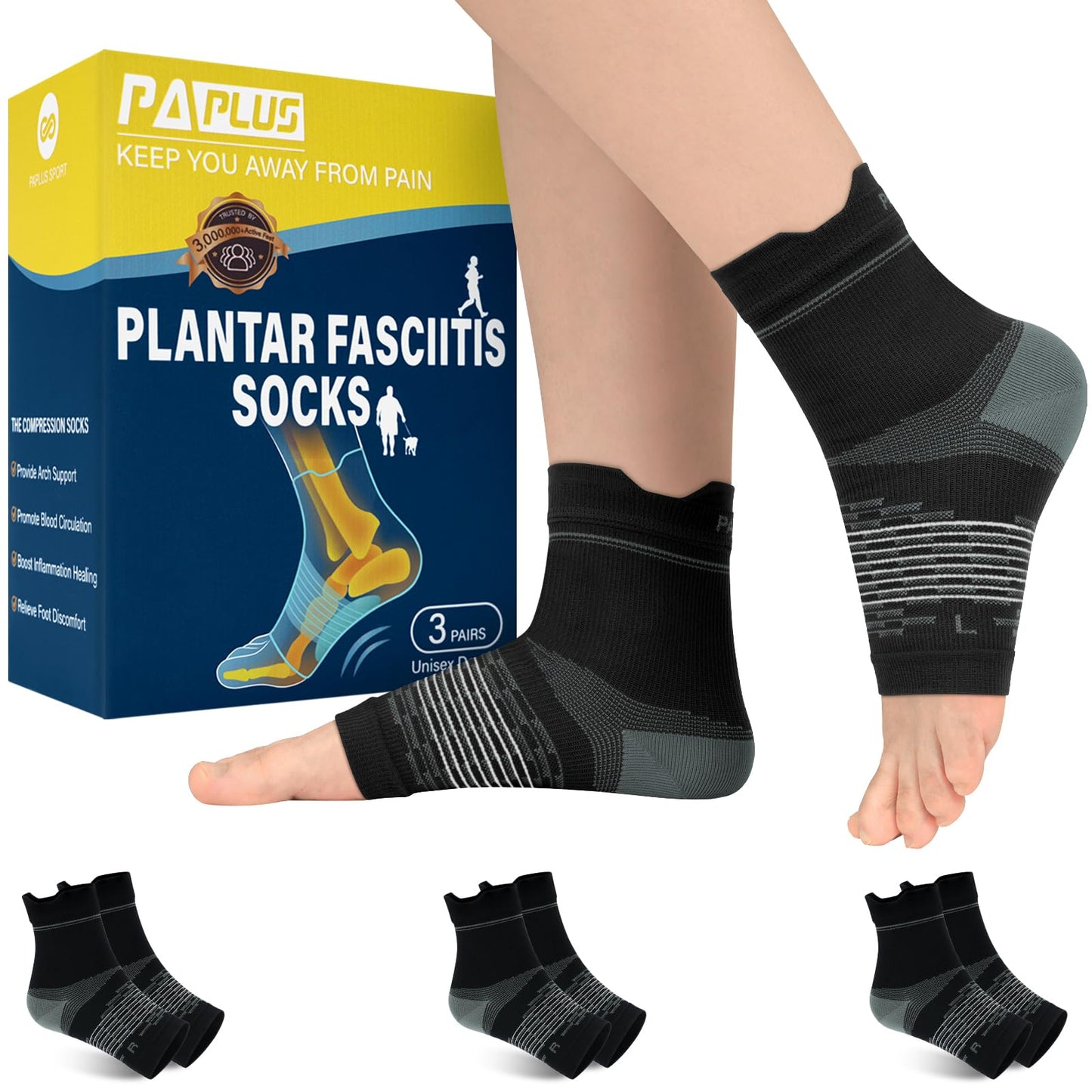 PAPLUS 3 Pairs Plantar Fasciitis Socks Women & Men - Ankle Compression Sleeve for Sprained Ankle, Heel Spur & Arch Support - Foot Brace for Achilles Tendonitis Relief, Arthritis Pain