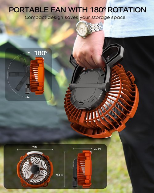 ASNUG Camping Fan with LED Lantern, 6000mAh Battery Operated Rechargeable Fan, 3 Speeds,180° Rotation, Portable Desk Fan with Hanging Hook, Tent Fan for Travel Camping Outdoor Fishing