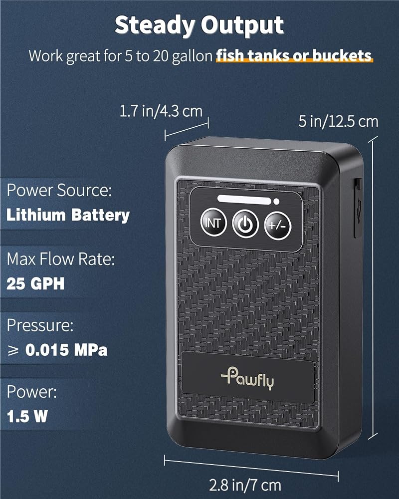 Pawfly Ultra Quiet USB Rechargeable Live Bait Aerator for 5-100 Gallon Buckets - 1.5W, 24-36h Battery Powered