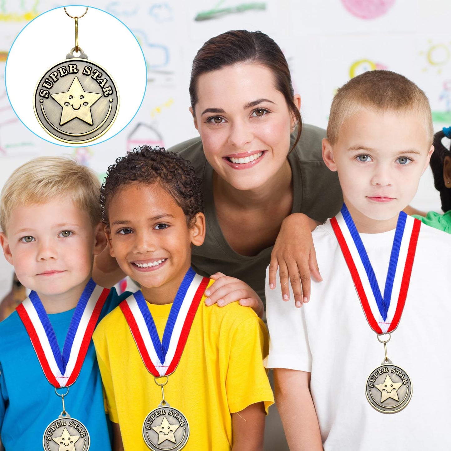 Remuuly 30 Pcs 30/60/100 Pcs Super Star Award Medals Hero Stuent Medals Bulk 2'' Gold Award Medallion with Neck Ribbon Metal Trophy Prize Gifts for Competition Party Favor Supplies (Super Star)