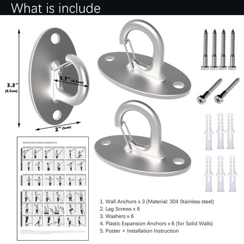 FITKIT 3-Pack Resistance Band Wall Anchors, 304 Stainless Steel No Weld Wall Mount for Exercise Bands & Suspension Straps, Strength Training Spring Snap Hooks for Gym Home Exercises
