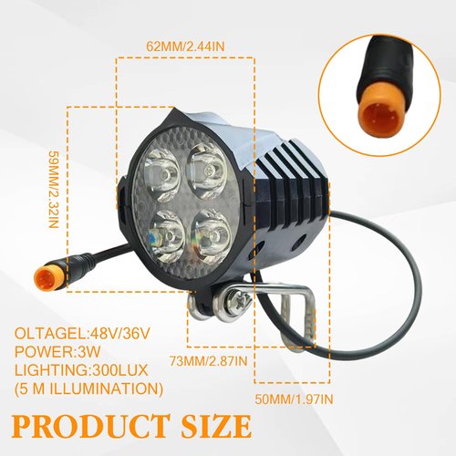 Electric Bike LED Headlight 36V 48V 12V-60V Bike Front Light with Built-in Horn 4 Lights 3 Pin Connector for Night Riding Waterproof Bicycle Horn Headlight for E-Scooter