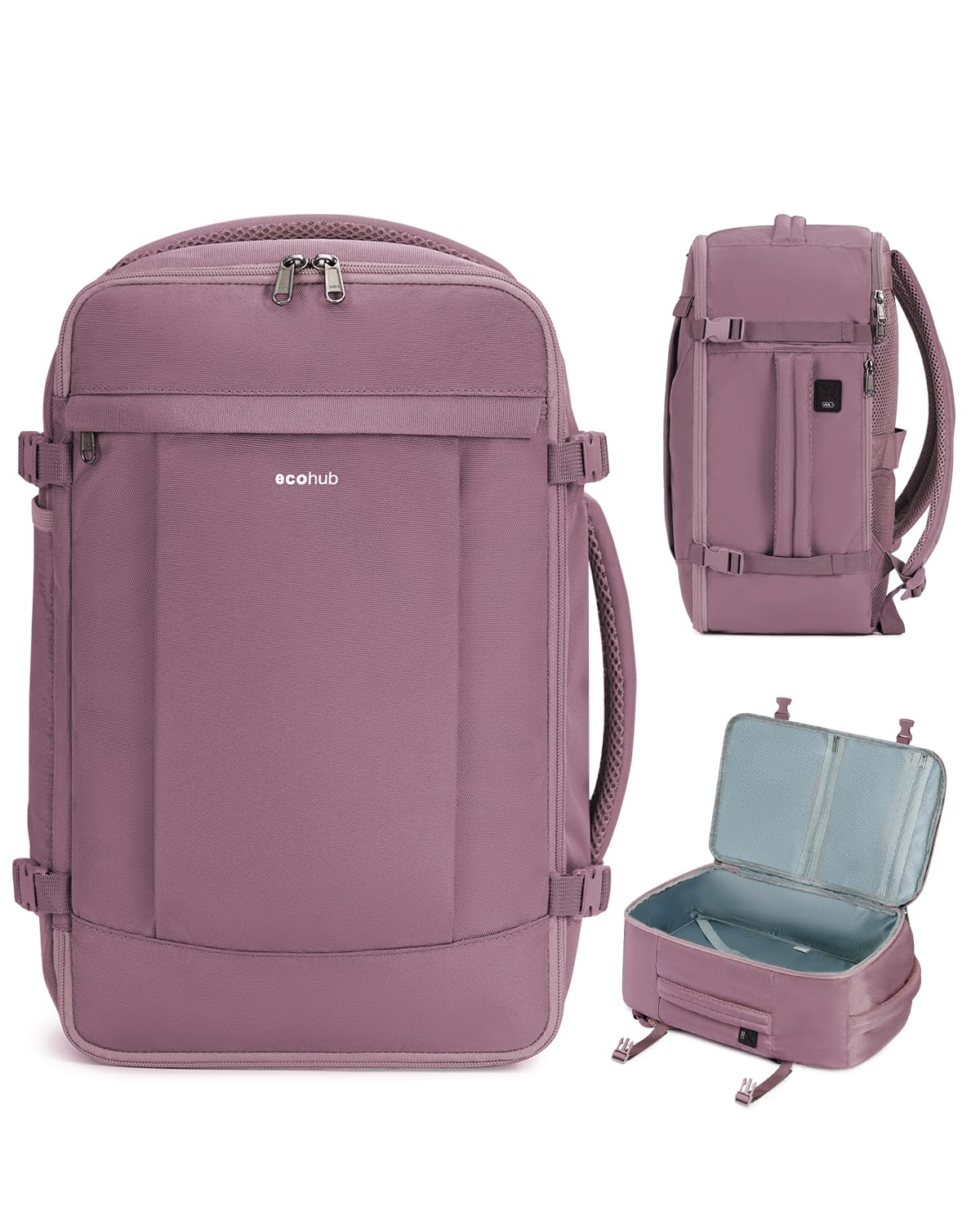 ECOHUB Travel Backpack for Women, Carry on Backpack with USB Charging Hole, Spirit Airlines Personal Item Bag Flight Approved, 15.6 Inch Laptop Backpack with Anti Theft Pockets, 30L, Pink