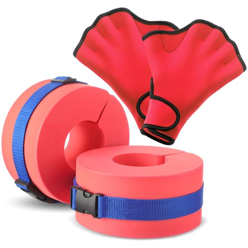 Hungdao Water Aerobics Set for Aquatic Exercise 1 Pair Swimming Glove 2 Pcs Foam Swim Aquatic Cuffs Water Weights Pool Resistance Fitness Equipment for Adults Swimming Training Workouts(Red)