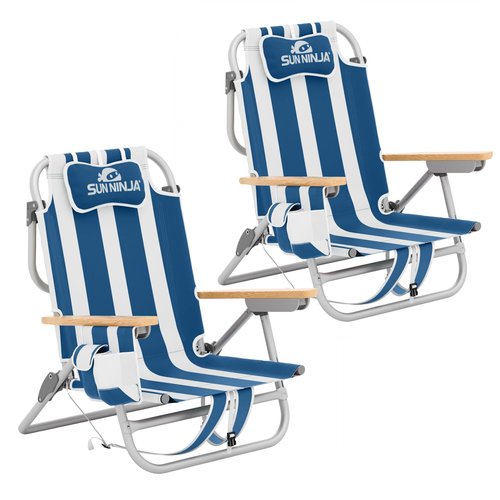 SUN NINJA Beach Chair – Folding Chair for Beach with 5 Reclining Positions, Cup & Phone Holder, Insulated Back Storage Pouch, Portable Lightweight Aluminum Frame - Navy Stripes - 2pc
