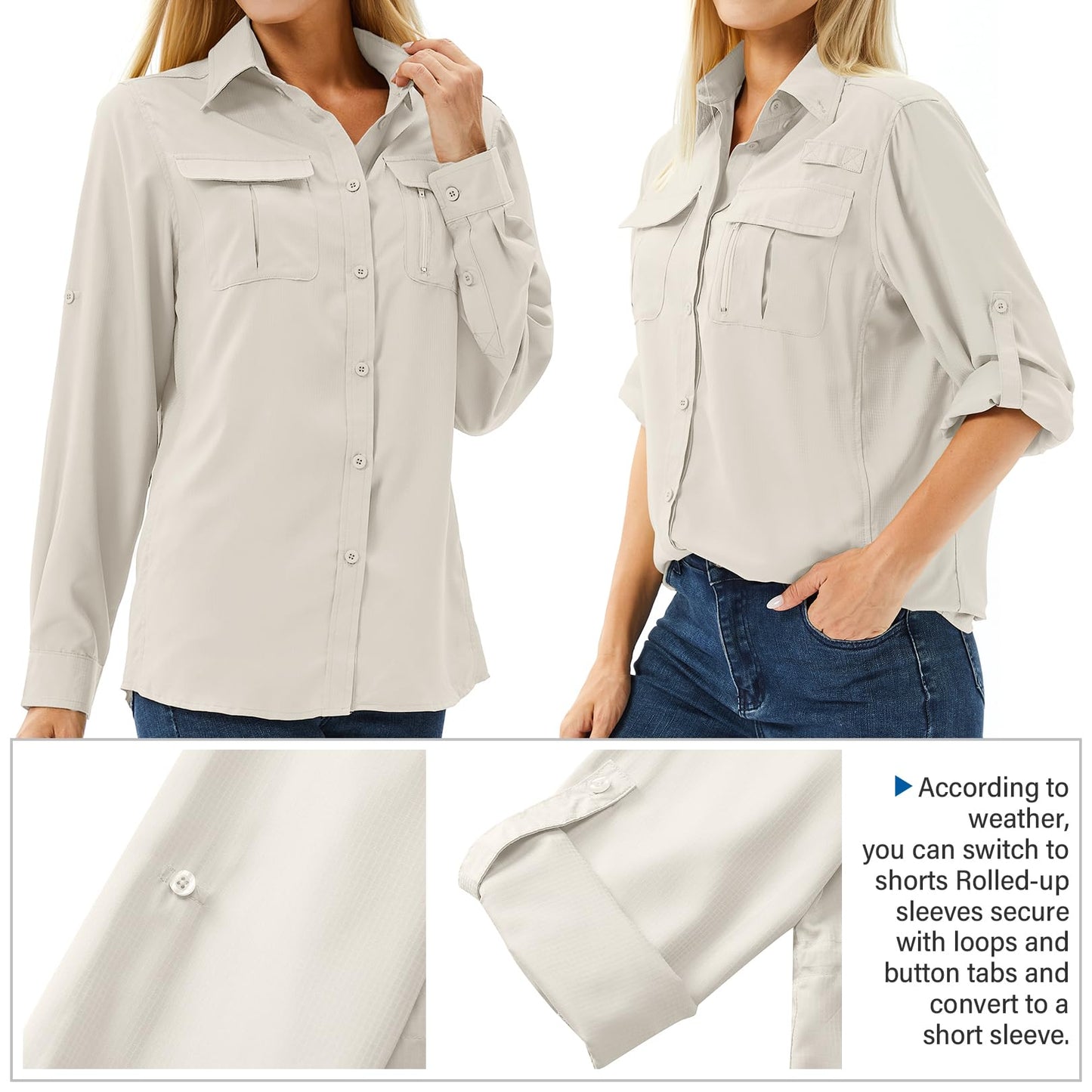 Toumett Women's UPF 50+ Long Sleeve UV Sun Protection Shirts, Fishing Hiking Travel Shirt,Breathable and Fast Dry(5071,Light Khaki,M)