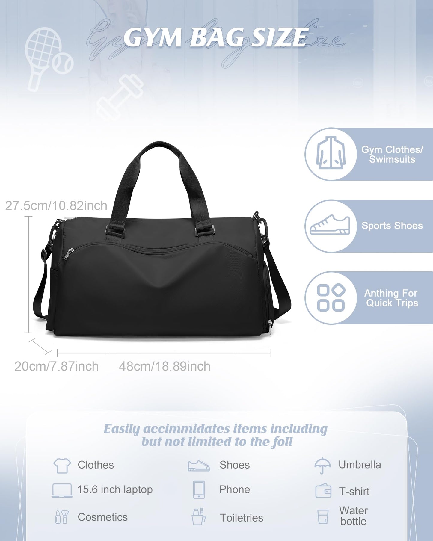 Gym Bag for Women with Shoe Compartment Lightweight Travel Duffle Bags Carry on Bag Overnight Weekender Duffel Bag with Wet Pocket Personal Item Travel Bag Tote Bag Workout Dance Bag Black