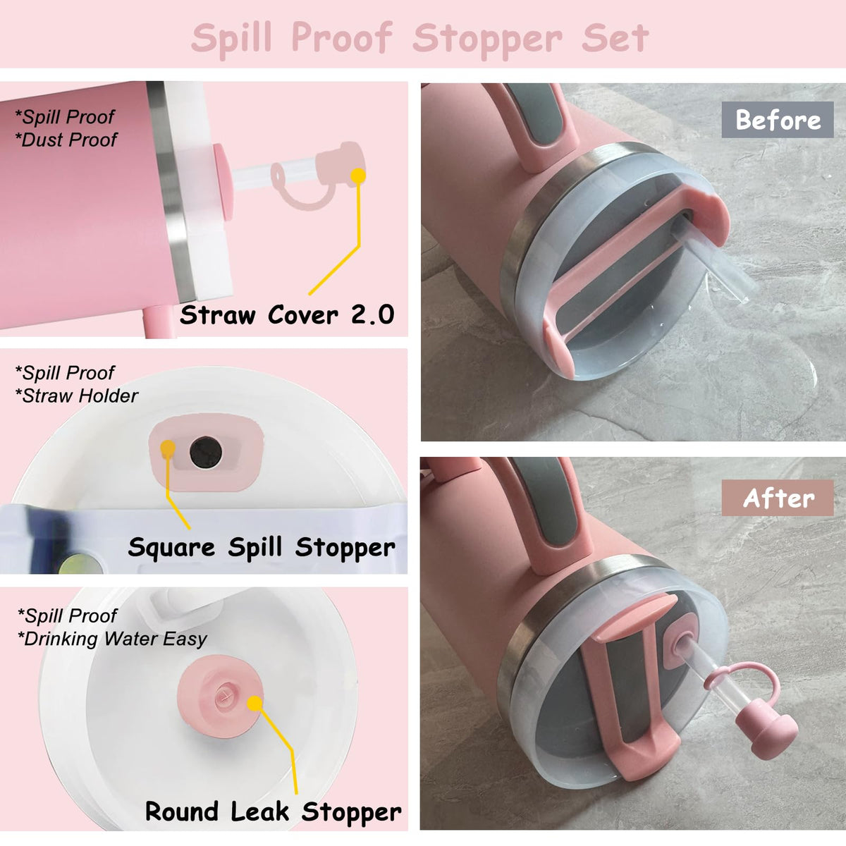 Stanley Cup Accessories Set,Including 2 Pcs 0.4in Straw Cover, 1 Silicone Spill-Proof Stopper Set of 3, 1 Cute Flowers Handle Charm, 1 Silicone Boot Fits Stanley 40&30 Oz Tumbler (Pink 2.0)