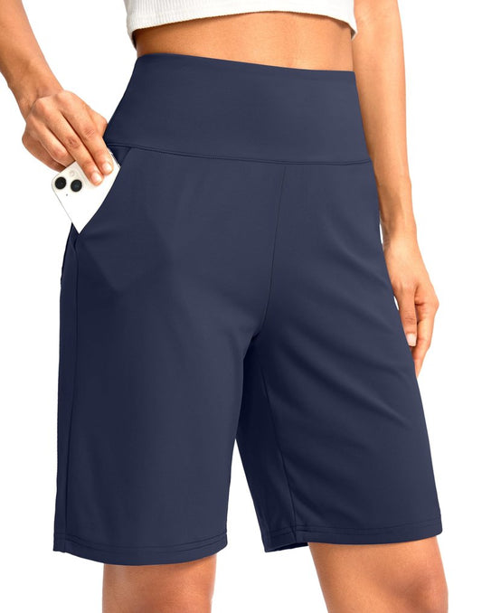 G Gradual Women's Bermuda Long Shorts with Pockets 9" High Waisted Knee Length Shorts for Women Walking Athletic Workout(Navy,3XL)