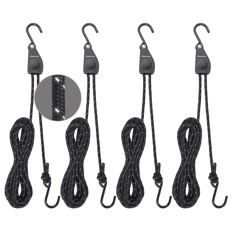 Masterwise 1/4" x12' Kayak Tie Down Straps with Reflective Stripe - 4 pcs (Black + 1/4"×12')