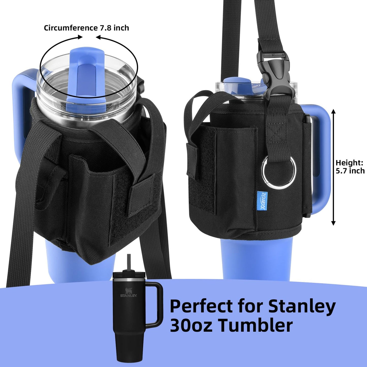 Xxerciz Water Bottle Carrier Pouch with Phone Pocket for Stanley 30 oz Tumbler with Handle, Nylon Water Bottle Holder Pouch with Adjustable Strap for Stanley Cup Accessories, Black