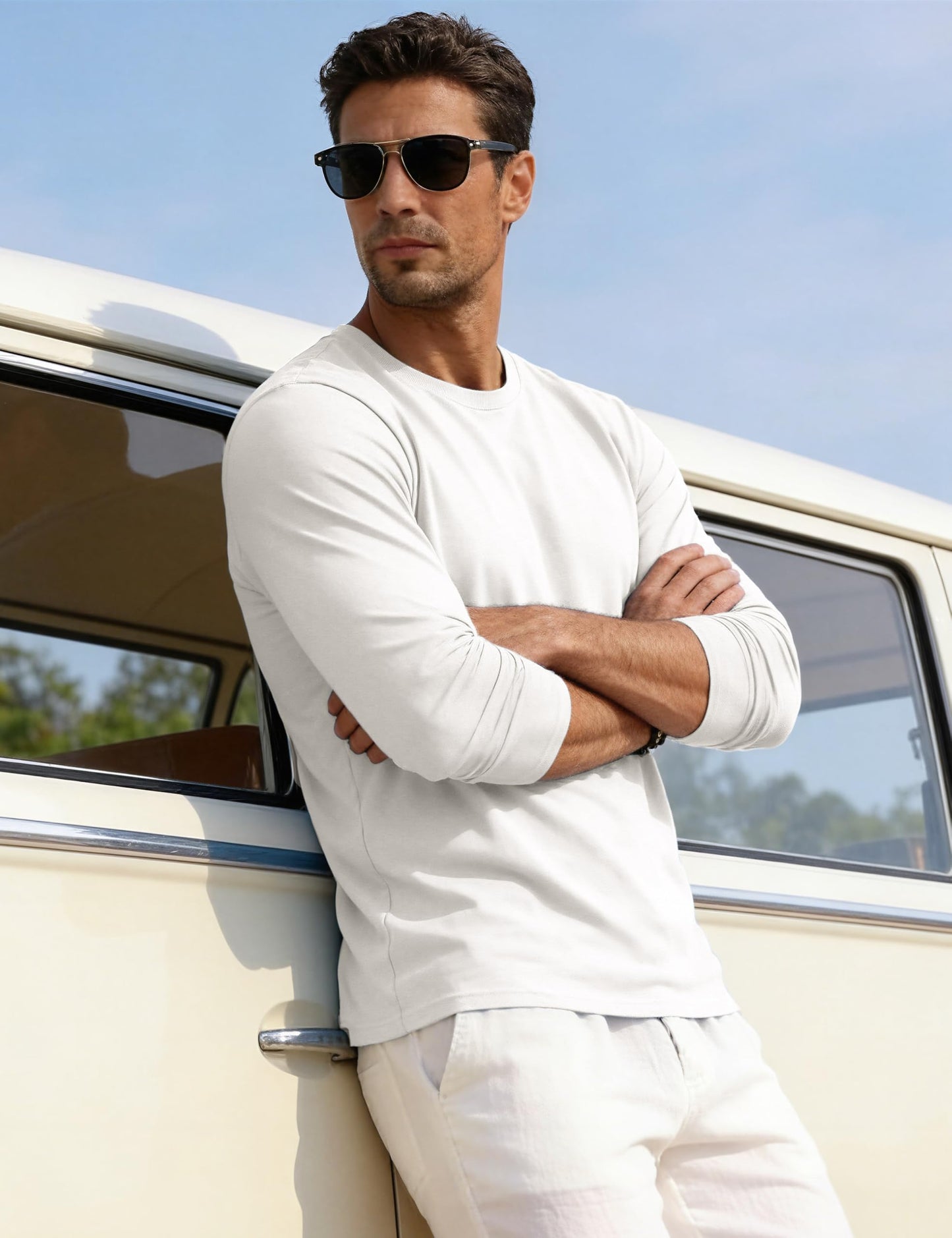 EKLENTSON Long Sleeve Shirt for Men Heavyweight Cotton T Shirt Crew Neck Fitted Tee Shirts Plain Tshirts White L