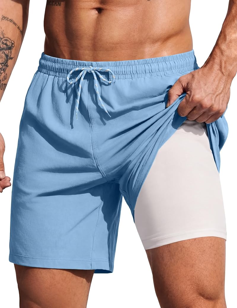 2 in 1 Mens Swim Trunks 7 Inch Board Shorts Light Blue XL