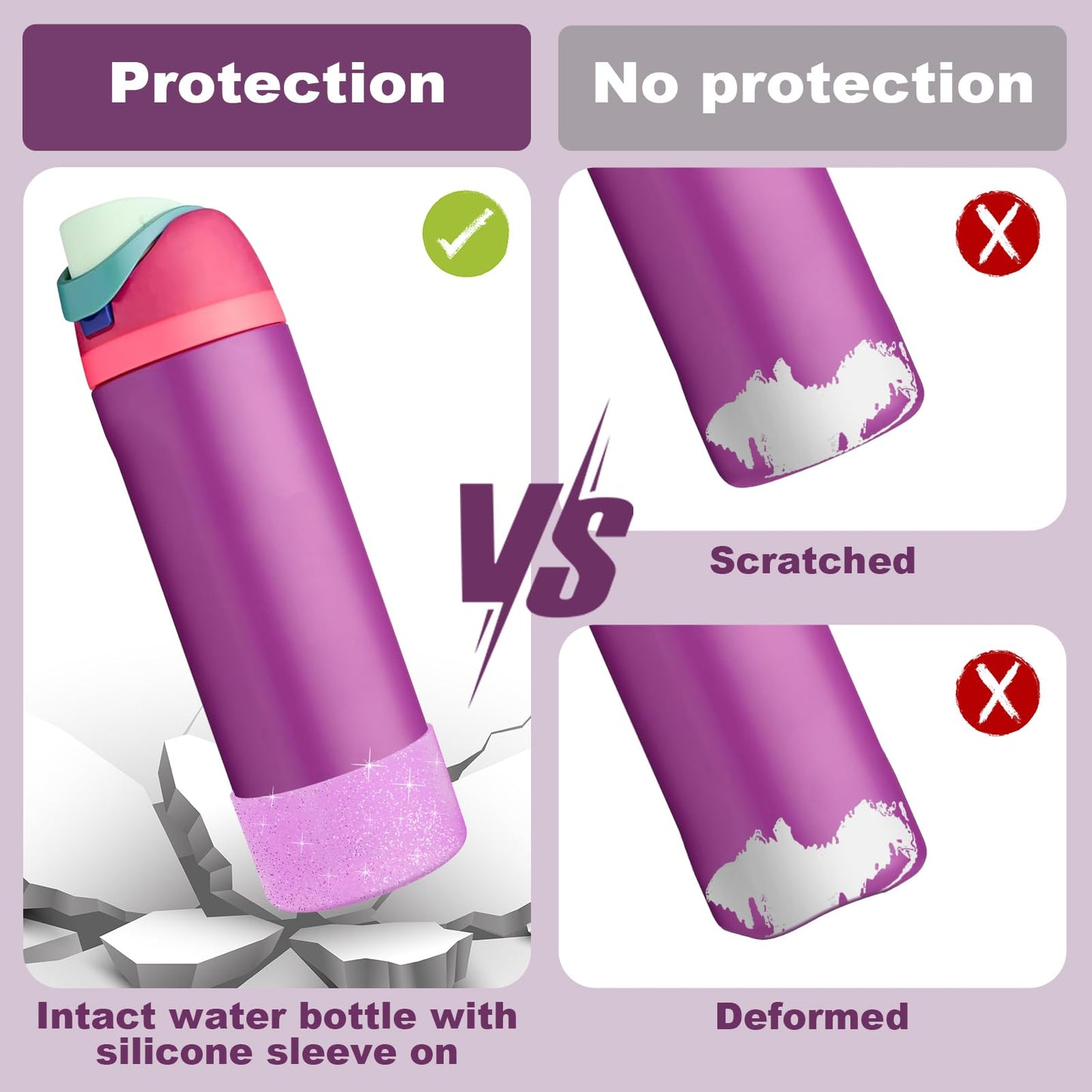 Beonsky 2 PCS Glitter Silicone Boot for Owala Water Bottle 24 oz, Anti-Slip Protective Sleeve for FreeSip/Twist/Flip Stainless Steel Water Bottles Accessories