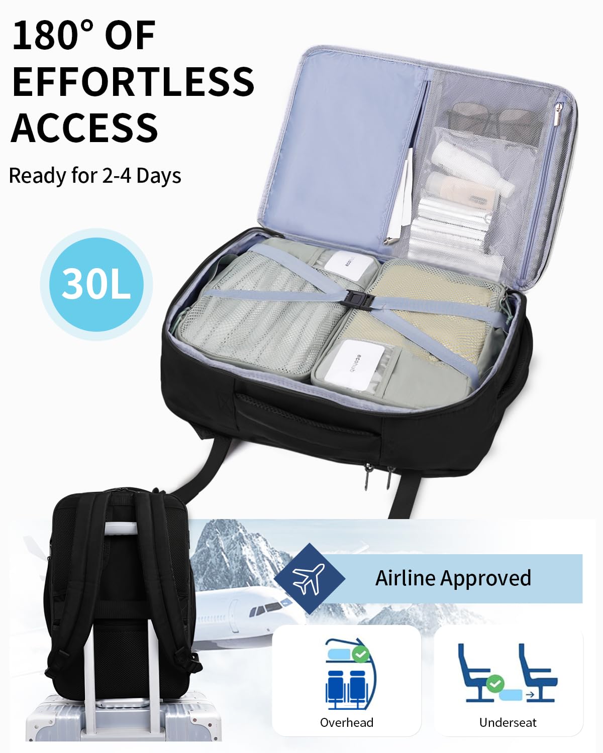 ECOHUB Carry On Travel Backpack, Expandable Airlines Personal Item Bag 18x14x8, Water Resistant 17 inch Laptop Backpack Flight Approved, 12 Pockets 30L Work Backpacks with Wet Pocket & Cable Slot