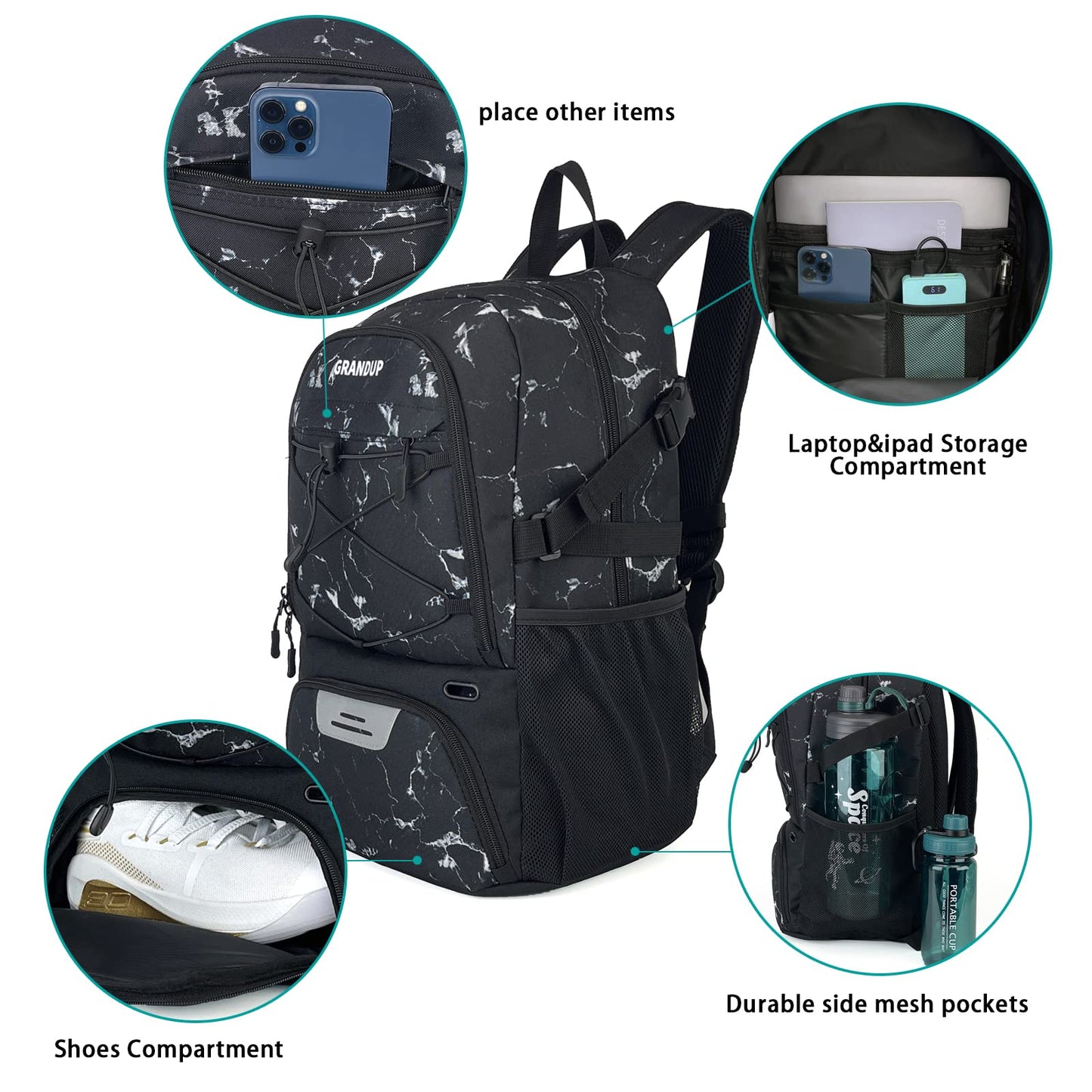 GRANDUP Basketball backpack with ball and shoes compartment Fit Volleyball, soccer, Swim, Gym, Travel, large capacity sports training equipment bags