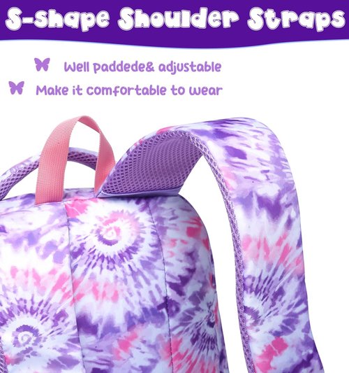 BLUEFAIRY Girls Backpack with Lunch Box Kids Bookbag Set Elemenatry School Bag 17" with insulated Lunch Bag Lunchbox Set Cute Back to School Gifts Mochilas Escolares para Niñas Tie Dye Purple