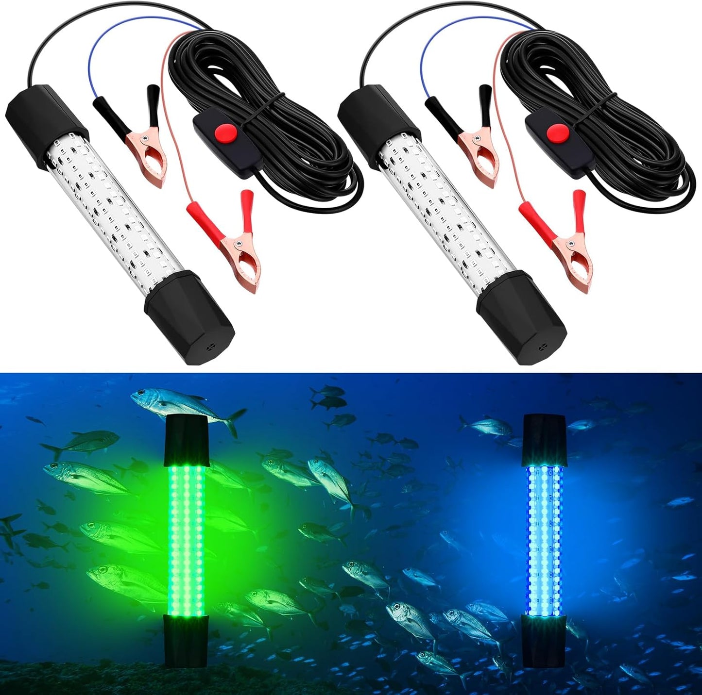 2 Pcs Adjustable 12V 15W Underwater Submersible Fishing Light Fishing Attracting Light LED Lure Bait Finder Lamp with 16.4ft Cord for Pool Boat Sea Crappie Squid Shad Shrimp