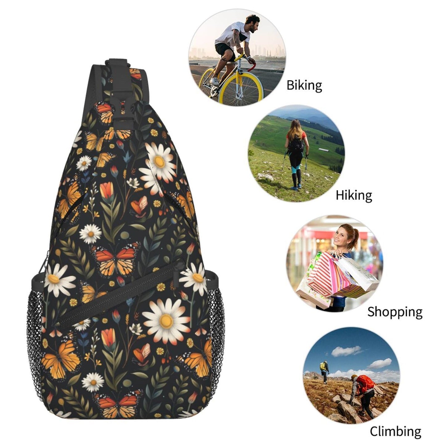 SUPLUCHOM Sling Bag Vintage Butterfly Daisy Leaf Hiking Daypack Crossbody Shoulder Backpack Travel Chest Pack for Men Women