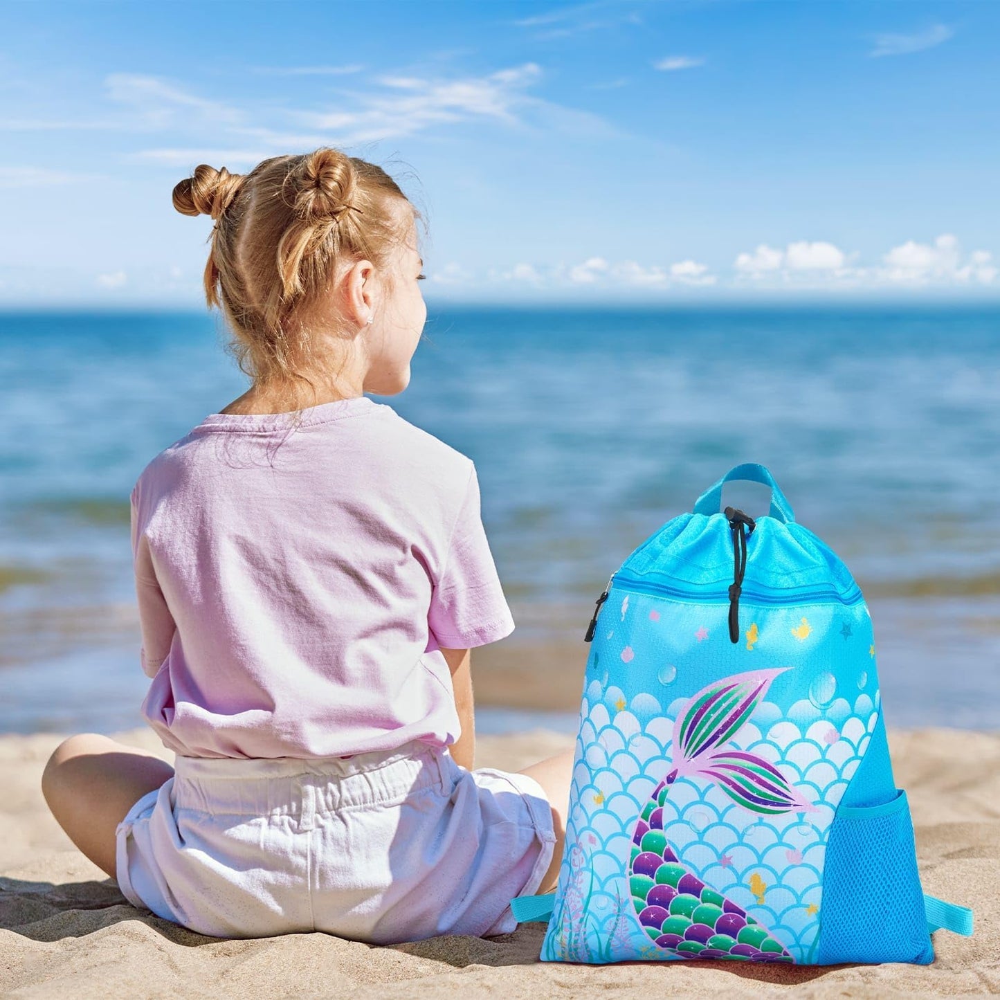 WAWSAM Drawstring Backpack for Kids, 15” × 17” Mermaid Gym Bag Cinch Bag for Girls Kids Waterproof Swim Beach Bag, Back to School Birthday Gift with Zippered Pocket and Bottle Pocket