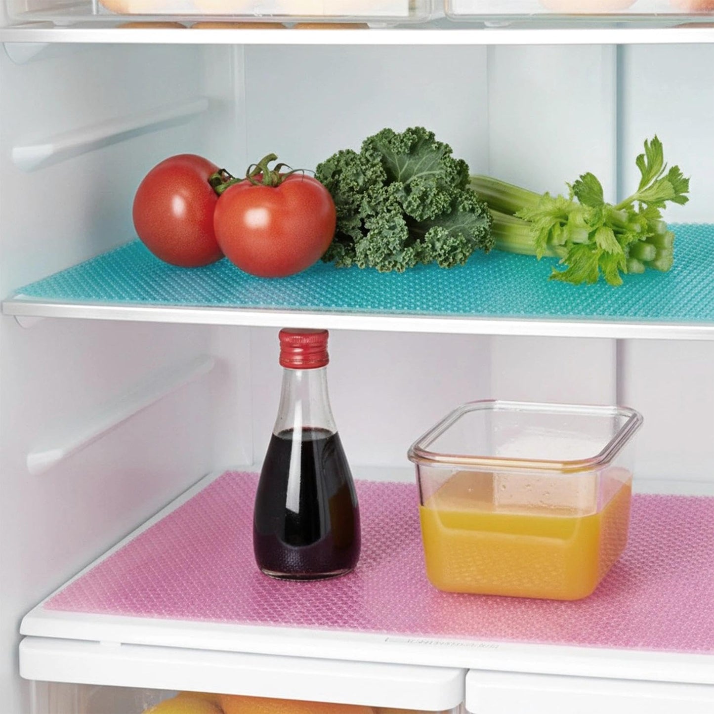 6 Pack Fridge Shelf Liners, Washable Waterproof Refrigerator Mats for Glass Shelves, Non‑Slip Drawer Cabinet Cupboard Covers, Cut‑to‑Fit, Reusable, 3 Colors (Pink/Green/Blue), Anti‑Spill Liner Pads