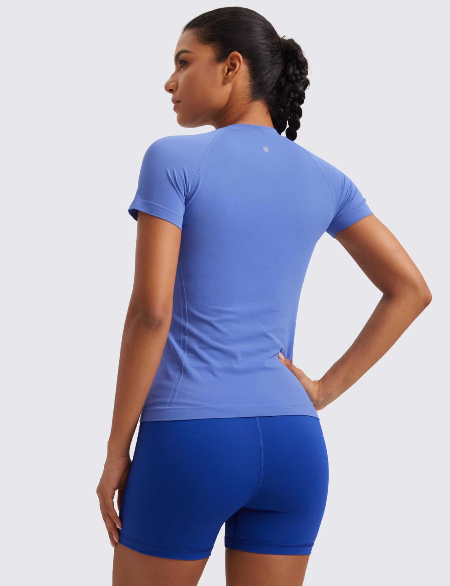 CRZ YOGA Seamless Workout Tops for Women Hip Length - Athletic Running Gym Yoga Short Sleeve Shirts Breathable Crewneck Tees Wild Indigo X-Large