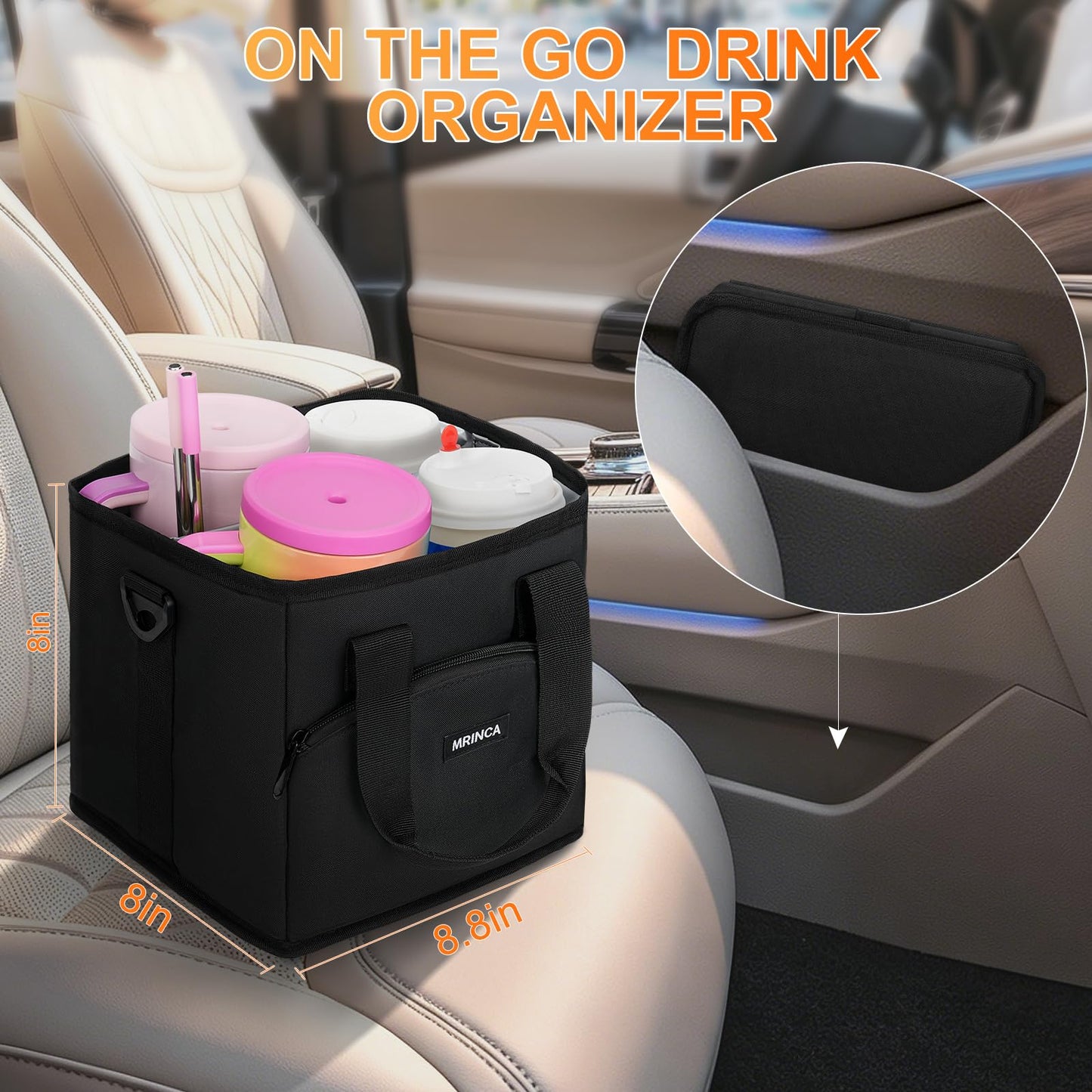 MRINCA Reusable Drink Carrier with Handle – Insulated, Collapsible 4-Cup Beverage Bag with No-Spill Base, Adjustable Dividers & Shoulder Strap, Portable Caddy for Delivery, Car and Travel, Black