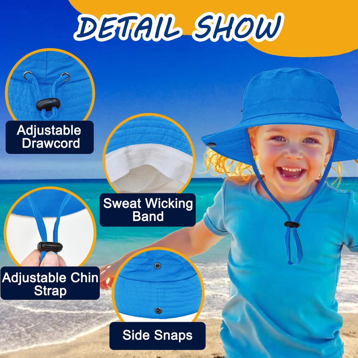 Outdoor Kids Sun Hat UPF 50+ Quick Dry Foldable Bucket Hat Lightweight Adjustable Fishing Safari Hat for Girls and Boys Royal Blue