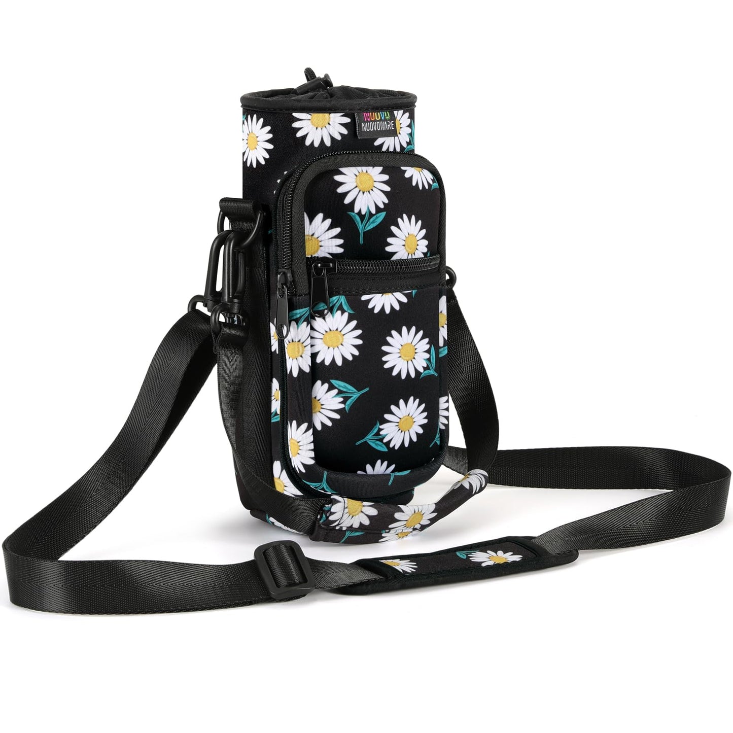 Nuovoware Water Bottle Carrier Bag, 25oz/32oz Bottle Pouch Holder, Adjustable Shoulder Hand Strap 2 Pocket Sling Neoprene Sleeve Sports Accessories for Hiking Travelling Camping, BlackDaisy