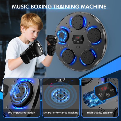 Dashsafe Music Boxing Machine for Adults and Kids, Smart Bluetooth Boxing Training Equipment with Gloves, Wall Mounted Workout Punching Machine Electronic LED for Home, Office, Gym, 9 Modes & 9 Speed