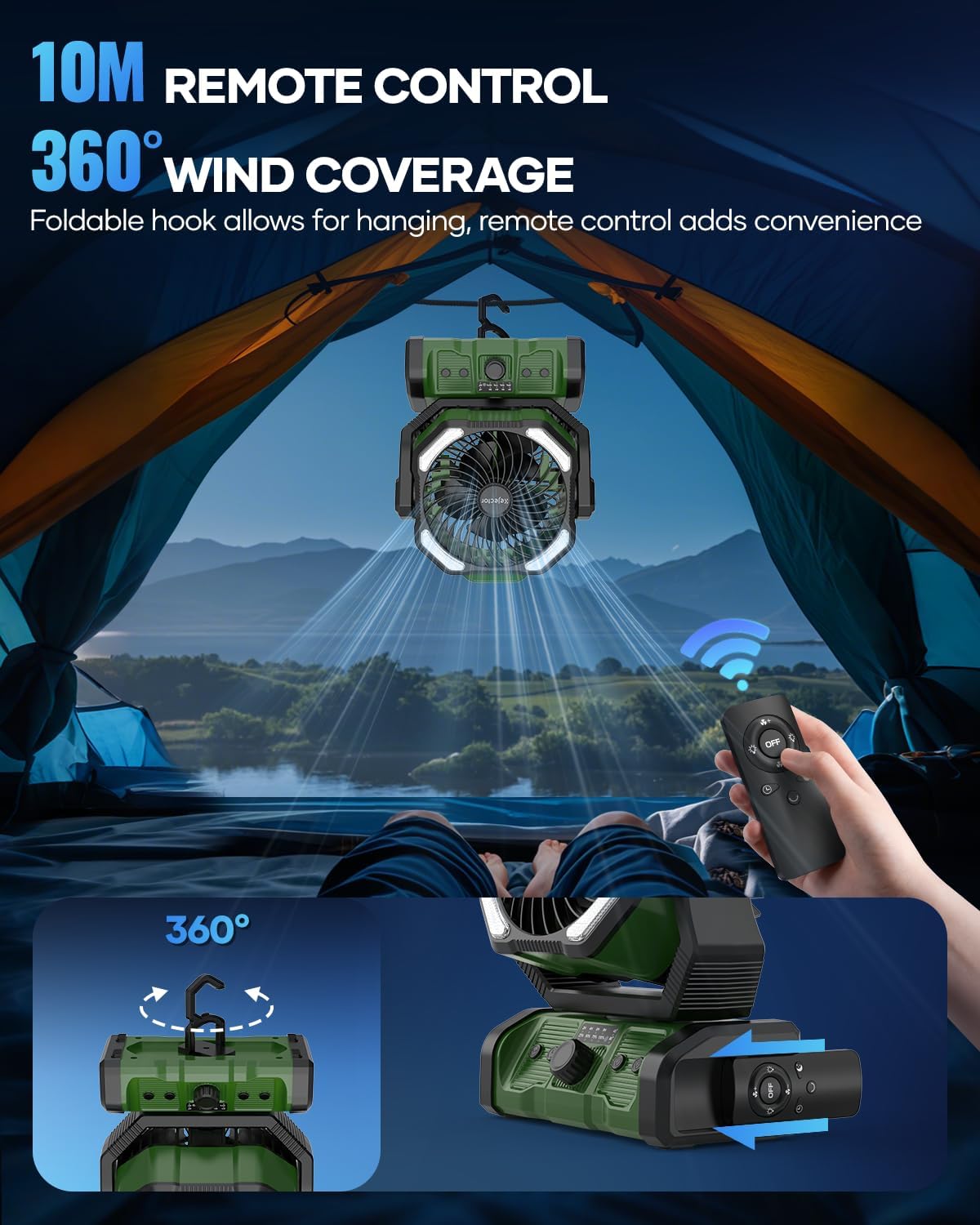 kejector Battery Powered Fan Rechargeable - 24000mAh 3-in-1 Portable Camping Fan with LED Lights, USB C, Auto Oscillating Operated Fan for Tents, Travel, BBQ, Fishing, Home, Office, Camper Essentials
