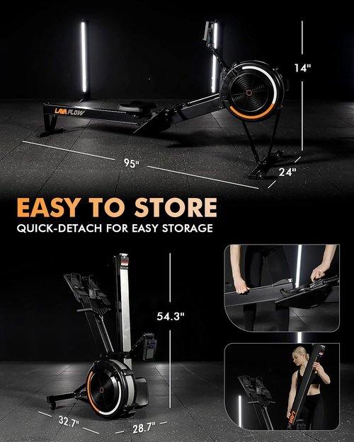 GMWD Rowing Machine for Home - Adjustable Air-Resistance Rower with Digital Exercise Monitor, Device Holder & Bench | Compact Rower Machine for Easy Storage