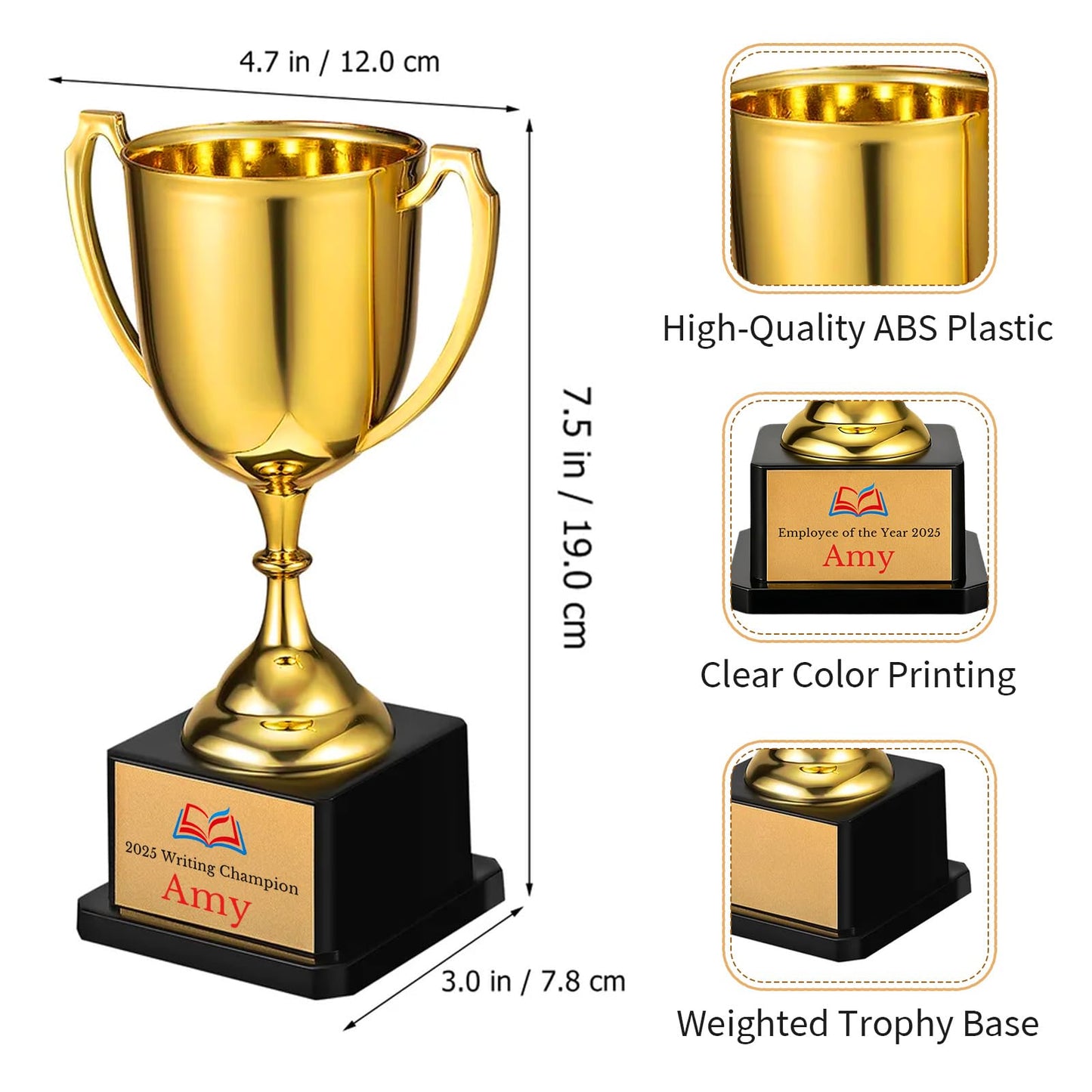 Overket Customizable Trophy - 7.5" Gold ABS Plastic, Personalized Trophy, Perfect for Sporting Events, Family Events, and Office Contests | Beautiful and Durable Display Gift