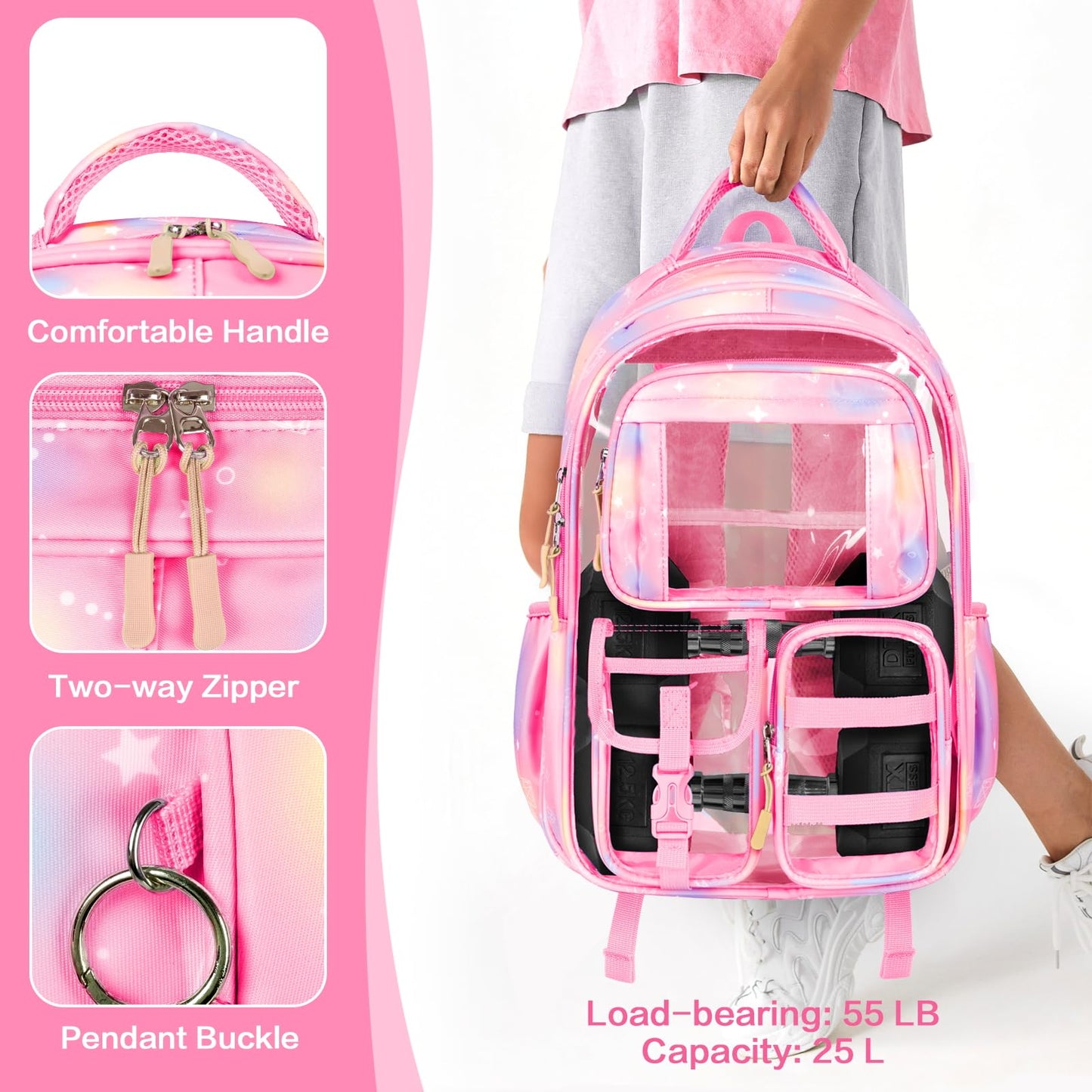 PAMANO Clear Backpack for Girls, Heavy Duty Transparent Bookbag for Kids, See Through Cute Backpacks for Elementary Primary School Work Sport Travel - Pink