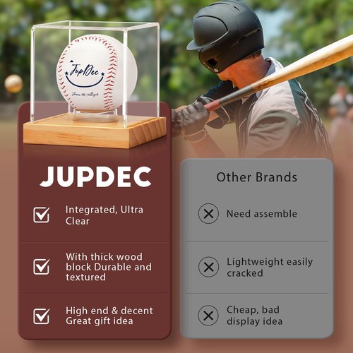 JupDec Baseball Display Case, Clear Cube Baseball Holder with Wooden Base, Autograph Baseball Stand Box for Single Ball, Pine Wood, 1 Pack