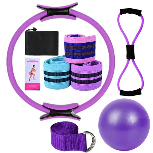 Yoga Sets for Women Pilates at Home Equipment Pilates Magic Ring Booty Bands for Working Out Glutes Yoga Ball 25cm Figure 8 Resistance Band Yoga Bands for Stretching (Purple)