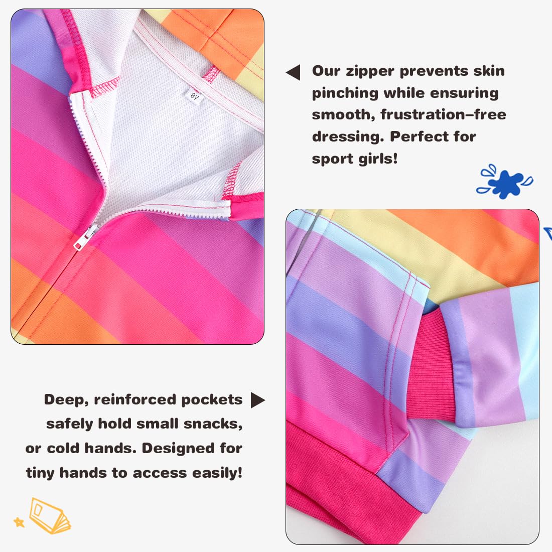 Belovance Girls Graphic Zip Up Hoodie Sweatshirt with Pockets Kids Tween Hooded Coat Casual Loose Outerwear Autumn Long Sleeves Oversized Novelty Lightweight Jacket Top Cute Rainbow Stripe 6 7 6-8