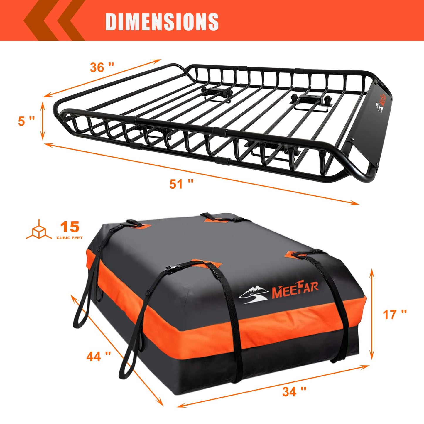 Roof Rack Cargo Carrier Basket 51"*36"*5"+Waterproof Bag 15 Cubic Feet(44"*34"*17"),and Cargo Net with Attachment Hooks,Ratchet Straps.200 Lbs Capacity,Universal Rooftop Large Size Roof Rack