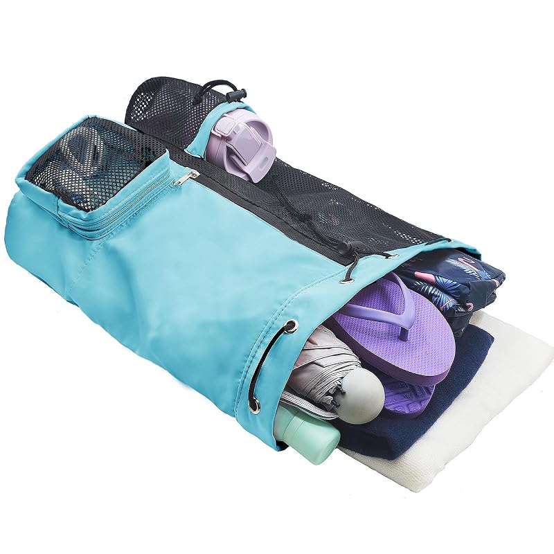 Lifwimner Mesh Beach Backpack with Wet Pocket - Drawstring Pool Bag, Waterproof Gym Bag – Mint Blue