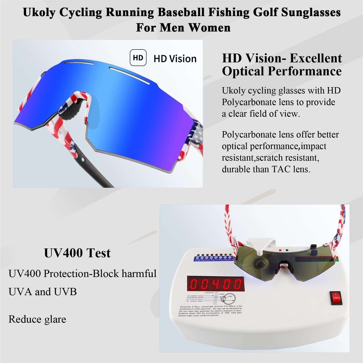 Ukoly Cycling Sunglasses with Interchangeable Nose Pad Youth Men Women, Sports Sunglasses, Fishing Baseball glasses
