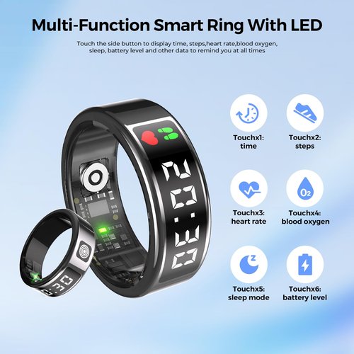 Smart Ring Health Tracker for Women & Men - IP68 Waterproof Fitness Rings with LED Screen, Heart Rate/Blood Oxygen/Sleep Monitoring/Motion Tracking, No Subscription Fee